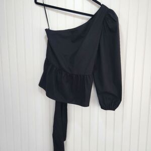 NEW EXPRESS Black One Shoulder Puff Sleeve Waist Tie Blouse size Small